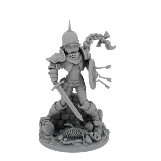 3D model of a brave knight miniature in armor, sword raised, standing over a skeleton on a rubble-filled base.