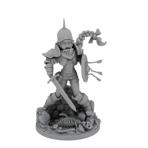 Modelo 3D de una miniatura de caballero valiente con armadura, espada en alto, de pie sobre un esqueleto en una base llena de