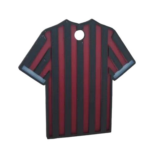 3D model of a red and black striped soccer jersey, shaped like a keychain with a hole at the top.