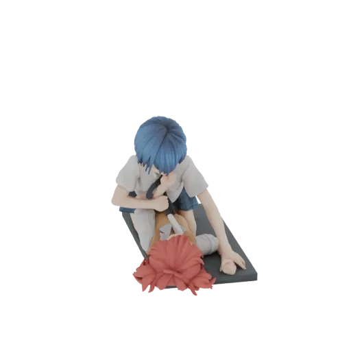 3D model of two anime girls, one with blue hair hugging another with red hair, in a tender embrace.