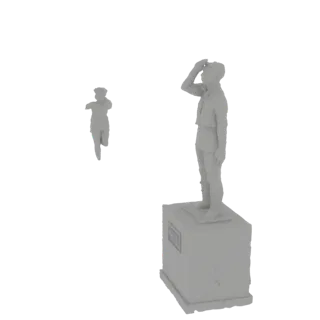 Render de modelo 3D de una estatua gris de un soldado saludando sobre un pedestal, con una figura corredora más pequeña a la