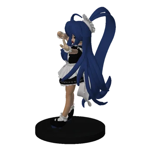 3D model of an anime maid with long blue hair, wearing a maid outfit and making a peace sign.
