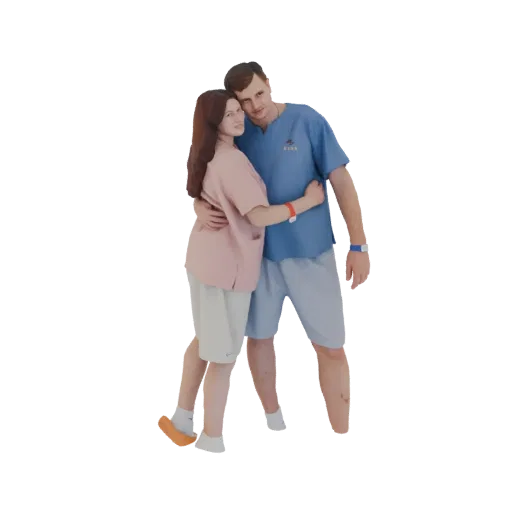 3D model of a man and woman in medical scrubs hugging, with the man's arm around the woman.