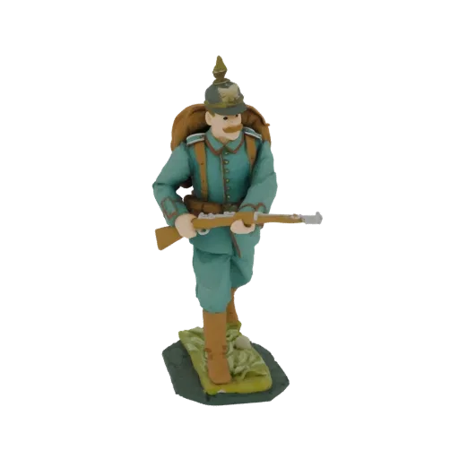 3D model of a Prussian soldier in uniform, holding a rifle and wearing a backpack, standing on a diorama base.
