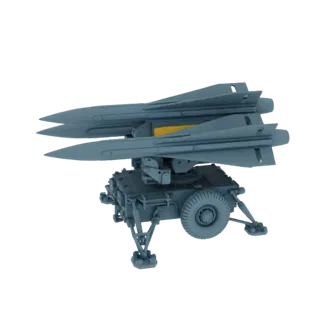 3D model of a grey mobile missile launcher with two missiles mounted on a wheeled base with stabilizing legs.
