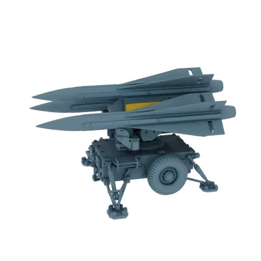 Modelo 3D de um lançador de mísseis móvel cinza com dois mísseis montados em uma base com rodas e pernas estabilizadoras.