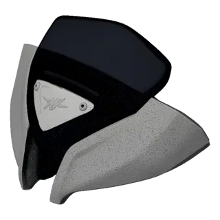 Modello 3D cupolino moto con parabrezza scuro e emblema argento frontale.