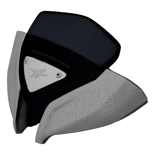 3D model of a motorcycle fairing with a dark tinted windshield and a silver emblem on the front.