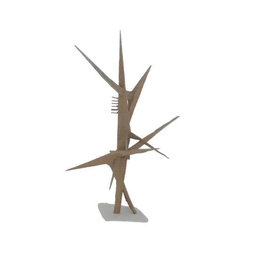 3D model of an abstract geometric sculpture with sharp, angular planes and a neutral, textured finish, mounted on a square ba