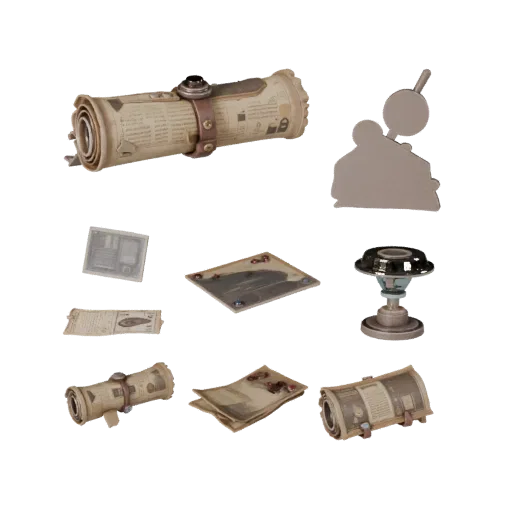 Urban Scroll Bundle Realistic 3D model, three-quarter studio render, showing paper-like cards, small readable forms.