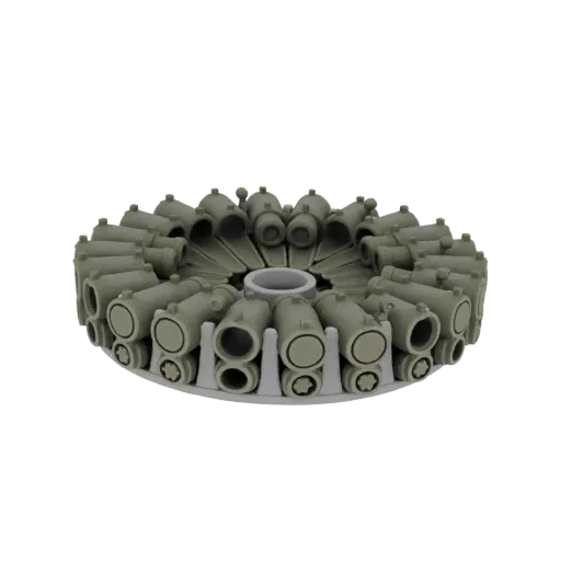 3D model render of a circular rotary drum magazine with multiple ammunition compartments, presented in an olive-drab finish.