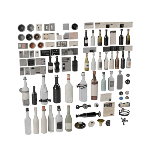 Urban Bottle Group 3D model, three-quarter front view, Unity viewport, showing paper-like cards, small readable forms.