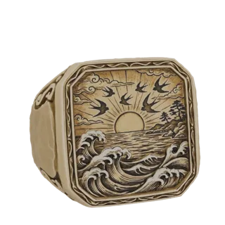 Modello 3D di un anello sigillo ottagonale con scena intagliata di un'alba su onde e rondini in volo, reso in un materiale si