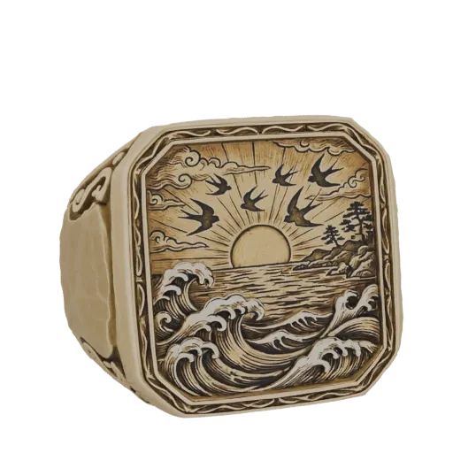 3D model of an octagonal signet ring with a carved scene of a sunrise over waves and swallows in flight, rendered in an aged