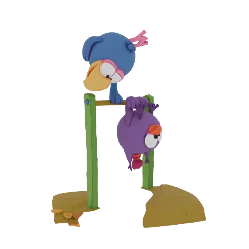 3D model of two cartoon birds, one blue and one purple, playing on a wooden bar with an earthy base.