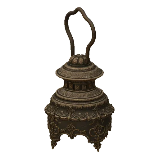 A detailed 3D model of an ornate bronze Victorian lantern with intricate scrollwork and a curved handle, set against a white