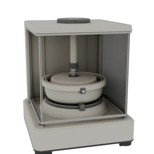 Classroom Centrifuge 3D model, three-quarter front view, AR viewer studio render, showing glass, recognizable lab forms.