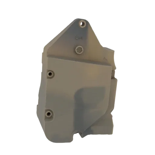 3D model of a grey motorcycle engine cover, viewed from the side with visible bolt details and mounting points.