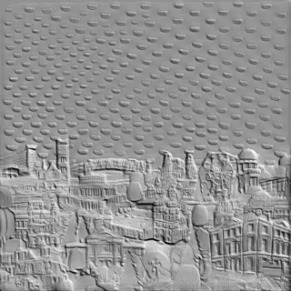 3D model of Minsk architecture bas-relief under a cloudy sky
