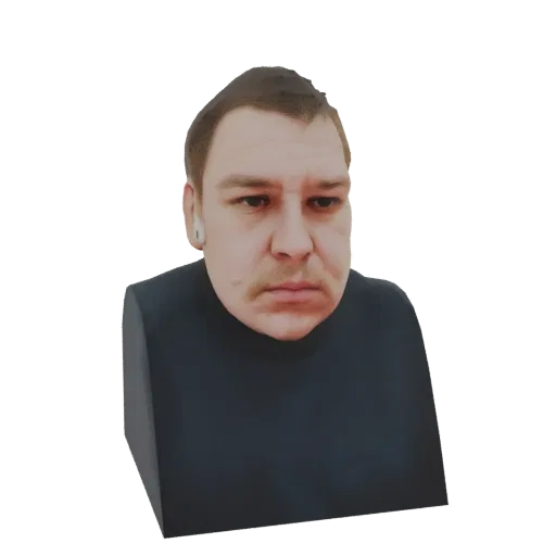 Render 3D di un busto maschile con capelli castani corti e dolcevita scuro, rivolto in avanti con espressione neutra.