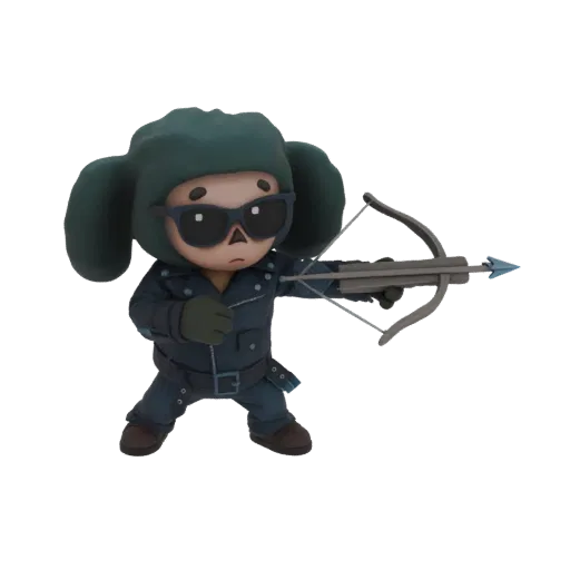 3D model of a stylized character wearing a fur hat and dark jacket, aiming a crossbow with a blue-tipped arrow.