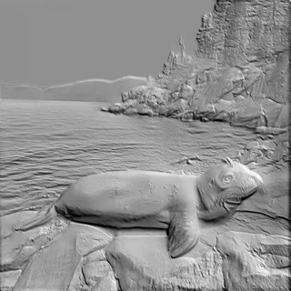 Modelo 3D de bajorrelieve de foca tumbada sobre rocas junto al mar, con alta definición del pelaje y la textura de las rocas.