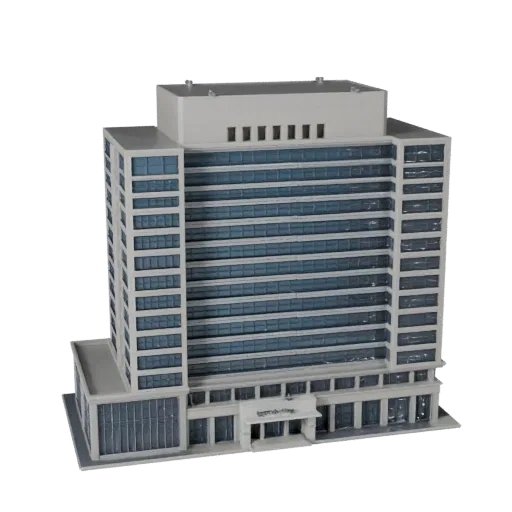 Office Block low poly 3D model, game-ready exterior view, showing commercial office building materials and architectural detail