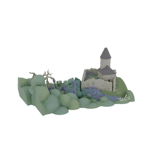 3D render of a miniature enchanted castle diorama with a stone fortress, rolling green hills, and purple and blue flora.