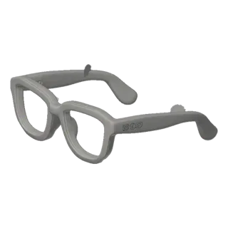 A 3D model of chunky, retro-style eyeglasses with thick frames, presented on a black background.