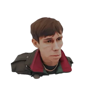 3D model of a stylized young man's bust, wearing a jacket with red and green trim, against a white background.