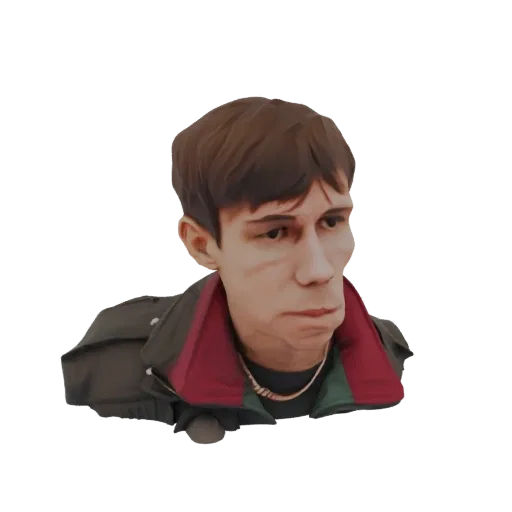 3D model of a stylized young man's bust, wearing a jacket with red and green trim, against a white background.