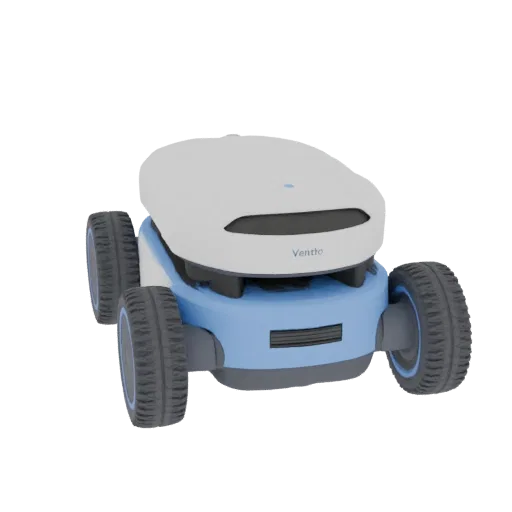 3D model of Vento delivery robot with white body and blue accents, on four wheels, on a white background