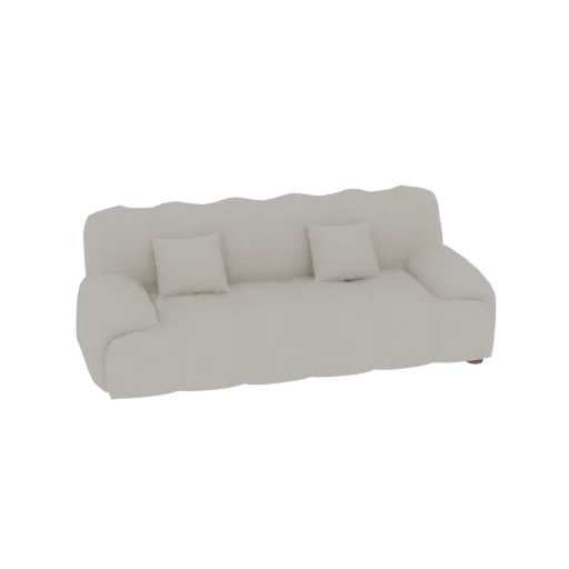 A 3D render of a soft, beige plush sofa with two throw pillows, isolated on a white background.