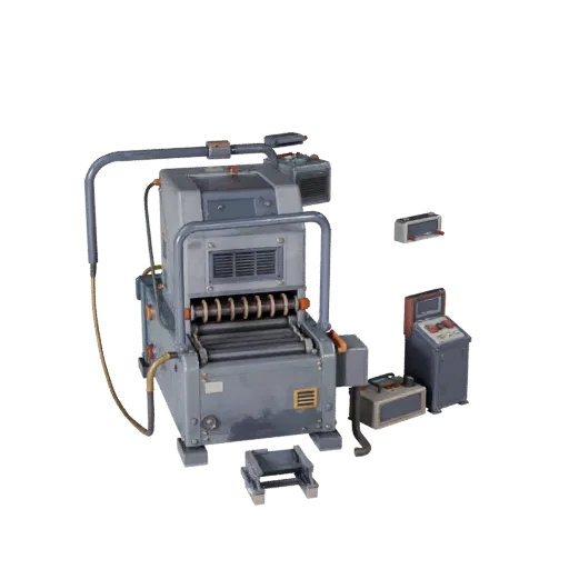Welding Machine Stylized 3D model, stylized isometric render, showing painted steel, machine stations.