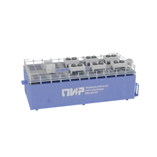3D model of a blue industrial cooling unit with multiple white fans on top, set against a white background.