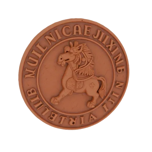 3D model of an ancient Roman seal with a horse and Latin inscription around the rim