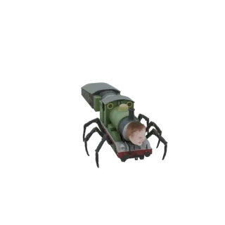 A 3D render of a green train with spider legs and a baby's face on the front, set against a white background.
