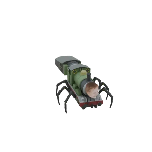 Un rendu 3D d'un train vert avec des pattes d'araignée et un visage de bébé à l'avant, sur fond blanc.
