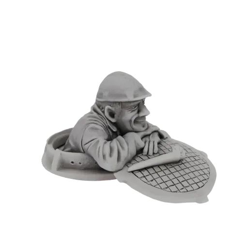 3D model of a smiling sewer worker wearing a hard hat, peeking out of a manhole with a textured cover.