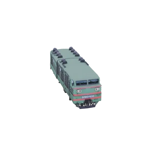 Modello 3D di una locomotiva elettrica VL80K verde con strisce rosse e bianche sul frontale, vista da un'angolazione leggerme