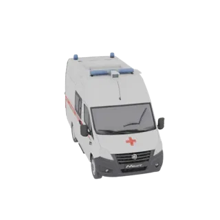 Modelo 3D de um furgão ambulância branco com luzes de emergência azuis e um emblema da Cruz Vermelha na frente, visto de um â