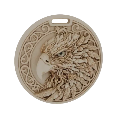 3D model of an ornate eagle head wall plaque with intricate feather details and a small lion on top, rendered in a stone-like