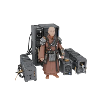 3D model of a cyber monk in a brown robe and armor, surrounded by gray server units and cables, on a white background.