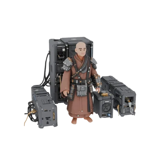 3D model of a cyber monk in a brown robe and armor, surrounded by gray server units and cables, on a white background.