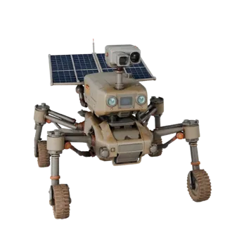 Prospector Drone Scout realistisches 3D-Modell, Dreiviertel-Studio-Rendering, zeigt staubige Räder, Fahrzeug-Haltung.