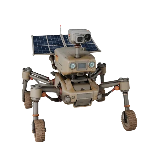 Prospector Drone Scout Realistic 3D model, three-quarter studio render, showing dusty wheels, vehicle stance.