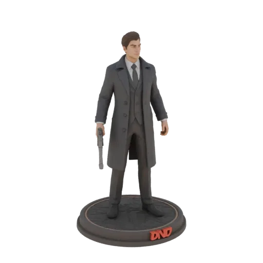 3D model of a man in a gray coat and suit, holding a pistol, on a round base with DND logo.