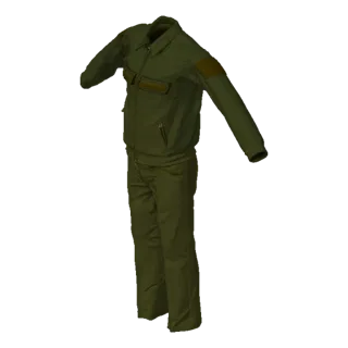 Modello 3D di un completo giacca e pantaloni militari verde oliva, visualizzato su sfondo neutro.
