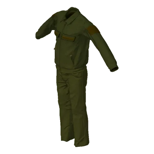 3D model of an olive green military-style jacket and pants set, displayed on a neutral background.