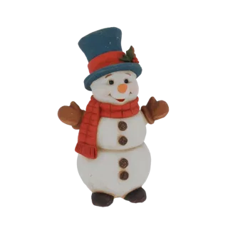 Modelo 3D de un muñeco de nieve de cerámica con sombrero azul y bufanda roja, con los brazos extendidos.